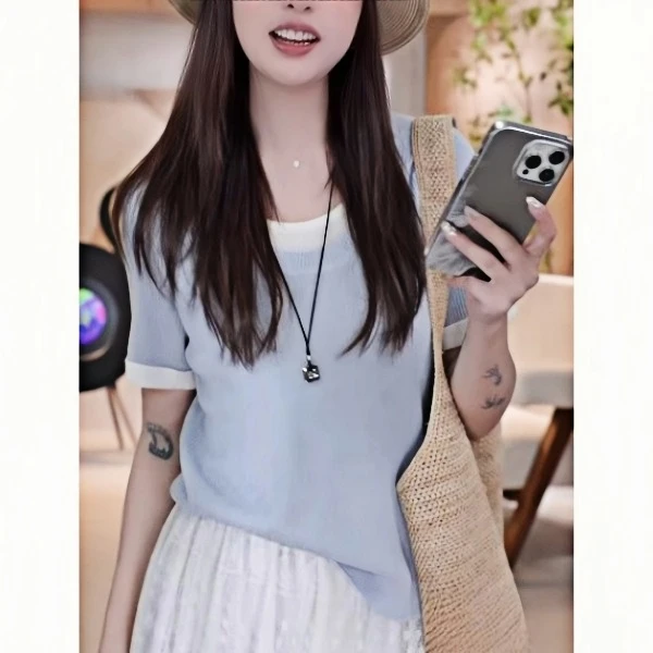 圆领假两件冰丝短袖针织衫夏季新款设计感洋气薄款T恤上衣简约