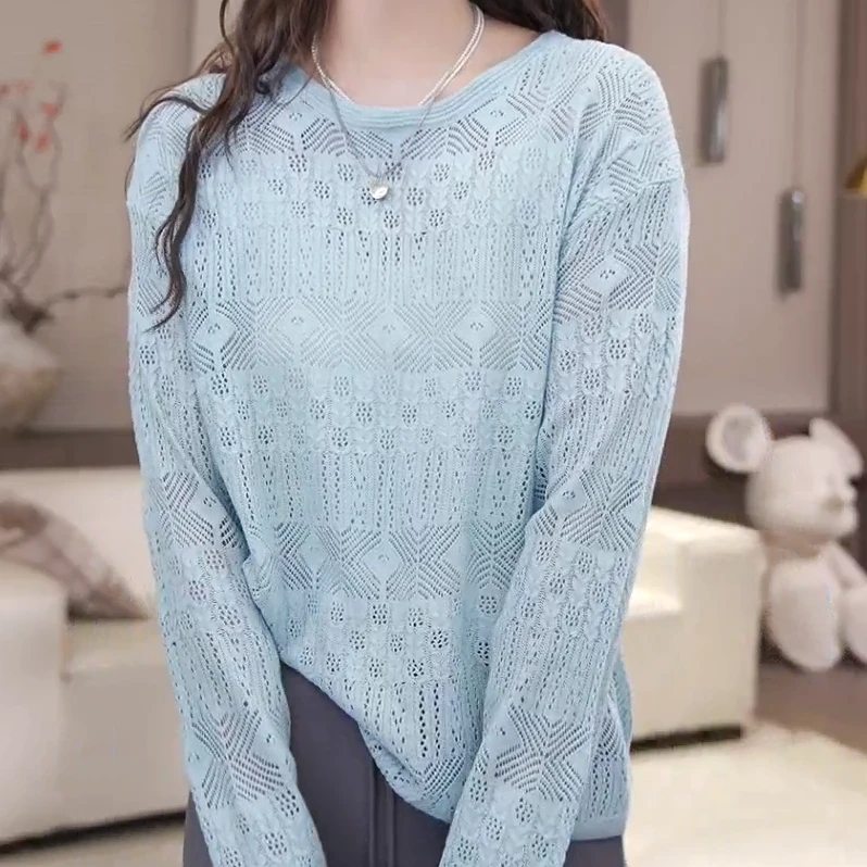 气质百搭休闲宽松春款长袖针织衫镂空薄款套头时尚圆领蕾丝