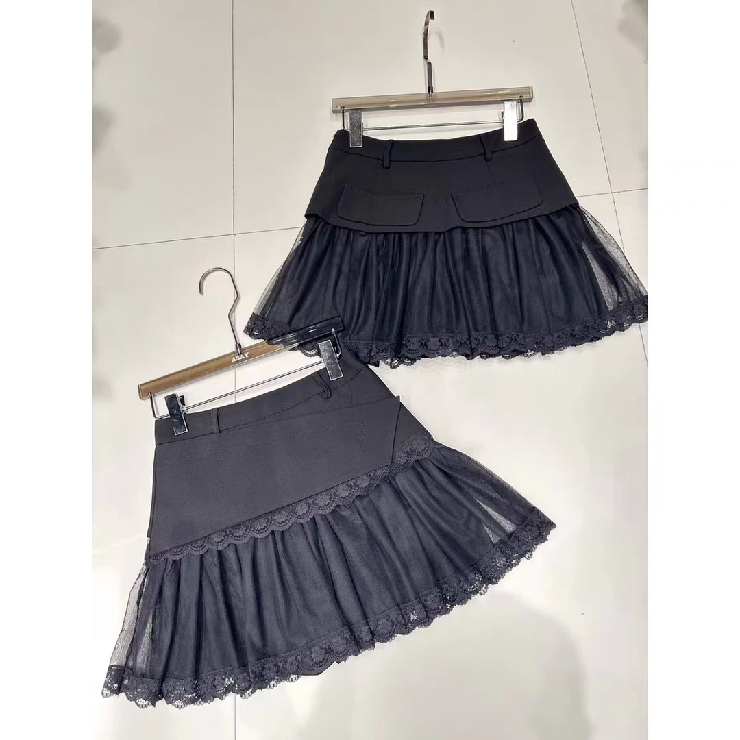 2149#T网纱拼接蕾丝A字裙高腰半身裙时尚百搭高腰