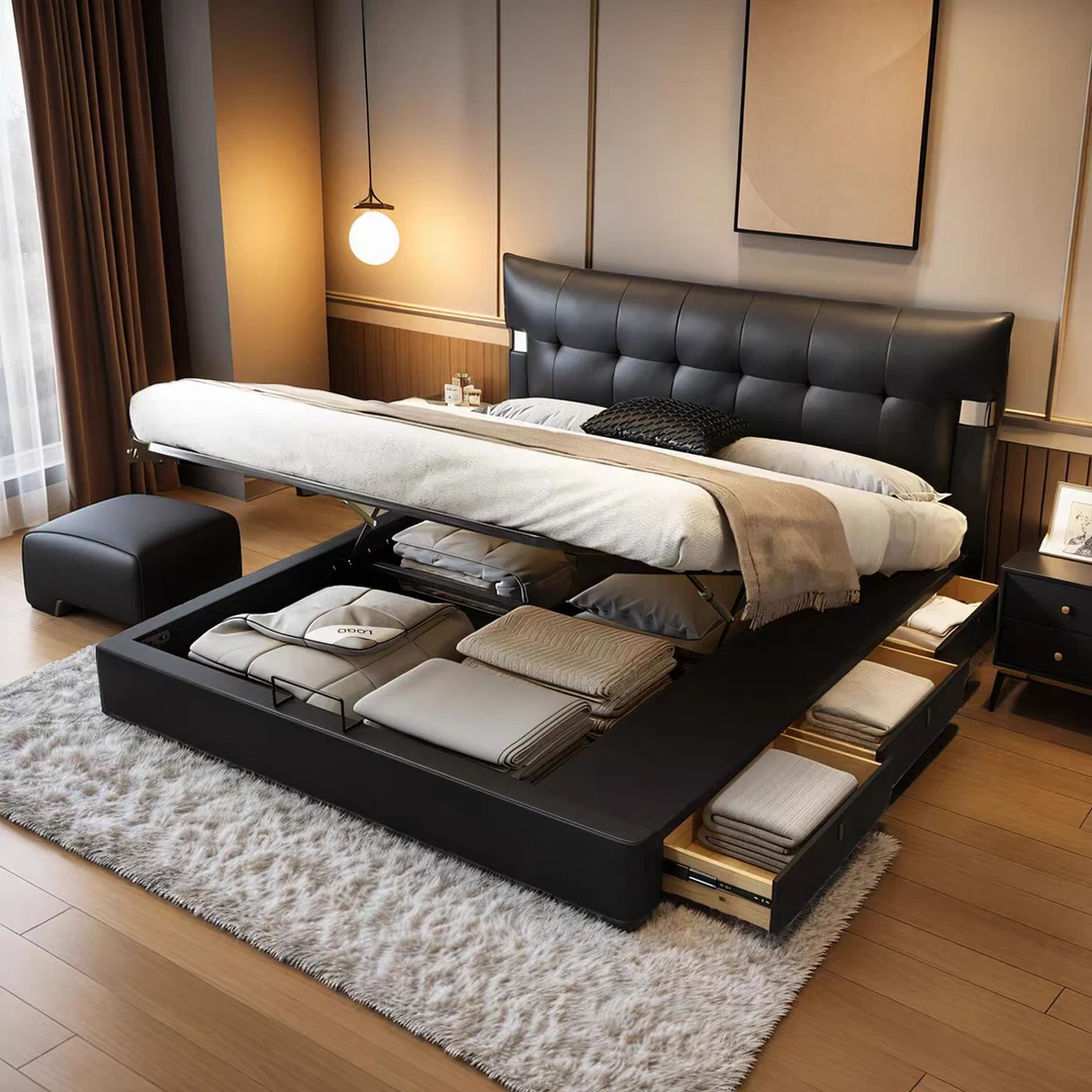 真皮床现代简约高箱主卧高端大气复古风多功能储物双人床抽屉婚床