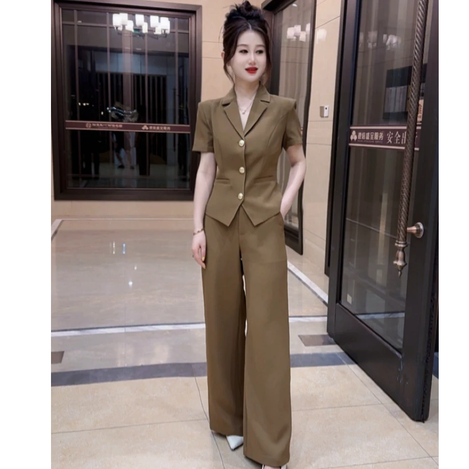 2025女装通勤老钱风职业时尚短袖套装直筒裤洋气正装气质西装套装