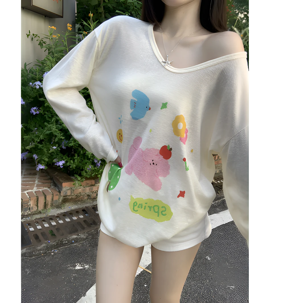2025夏季新款可爱卡通小狗印花长袖T恤宽松慵懒风女防晒上衣