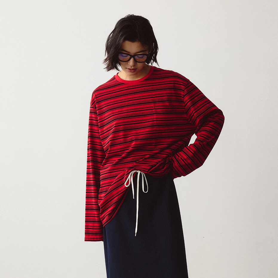 DE Mincollection黑红条纹T/缪系复古撞色横条纹休闲宽松T恤40447