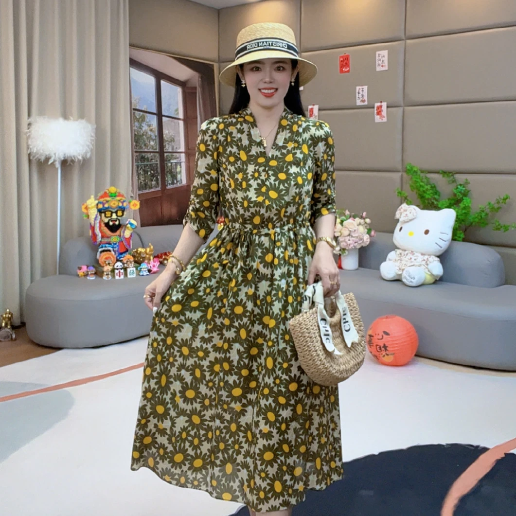 【火火精选】“小雏菊”法式洋气温婉大方单层重磅桑蚕丝连衣裙 80151