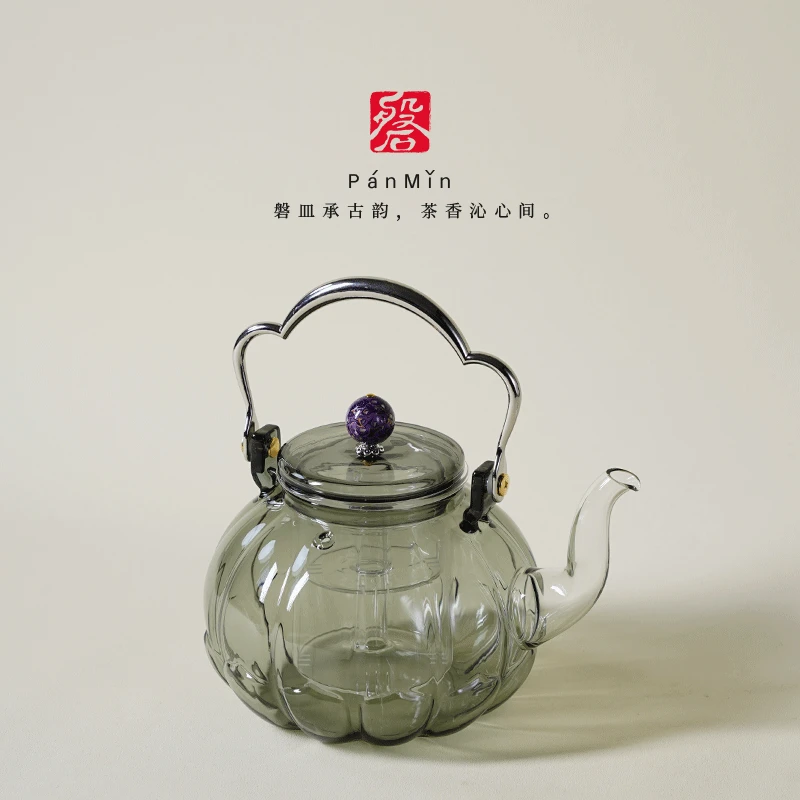磐皿｜莲影壶-海棠紫珠大漆1.1L高硼硅烧水壶煮茶壶提梁壶泡茶壶