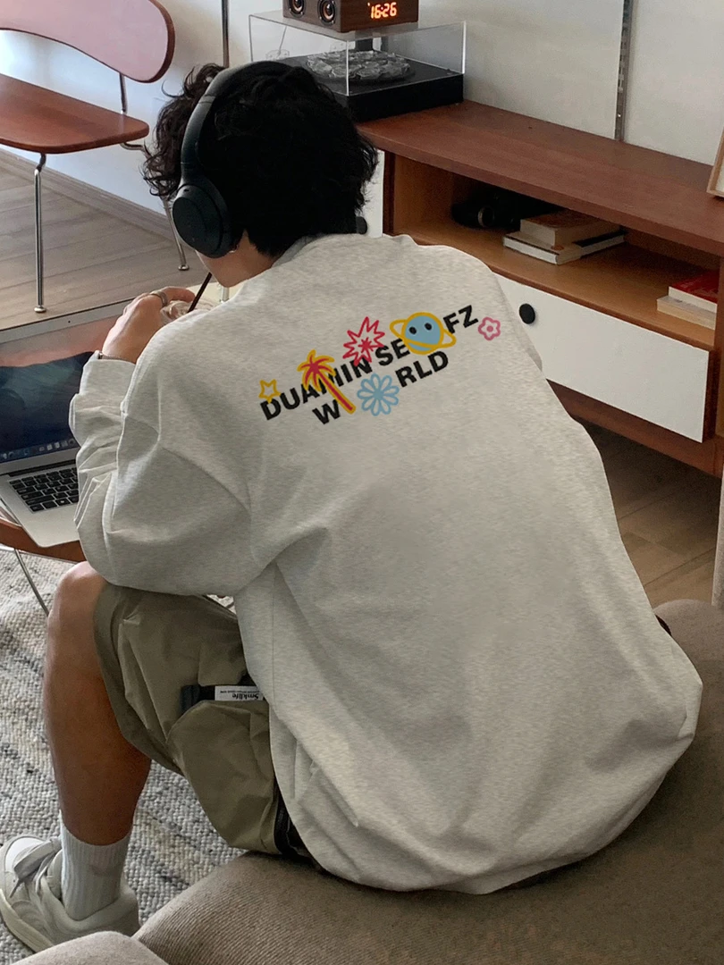 【重磅纯棉】春秋新款美式宽松圆领休闲韩版潮流百搭复古男长袖T恤