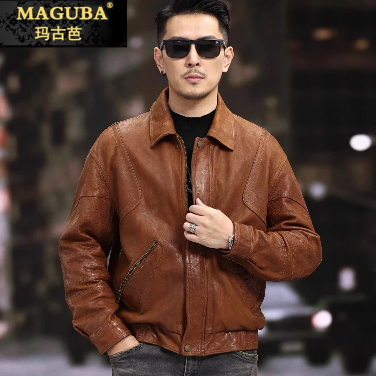玛古芭美式复古做旧机车风落肩袖皮衣男士翻领短款皮夹克羽绒外套