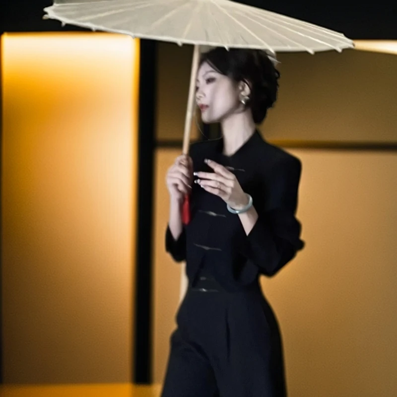 气质秋季新中式时尚设计感长袖短款上衣高腰显瘦阔腿裤两件套装