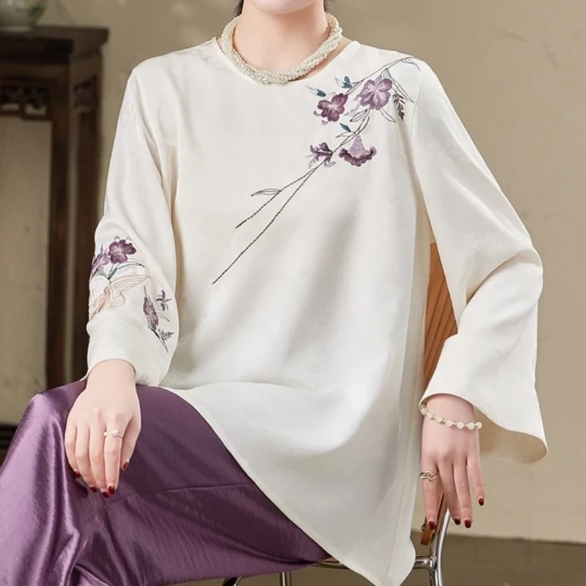 【芊兮柚】2025春装复古提花刺绣圆领上衣气质遮肉显瘦宽松中式