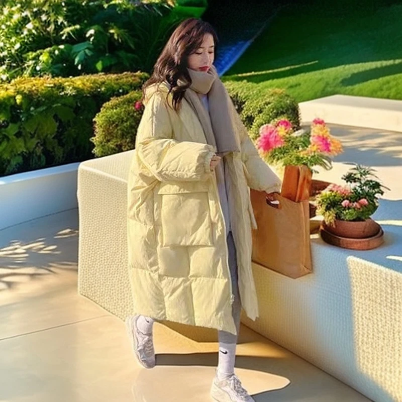 奶黄色羽绒棉服女中长款2024冬季新款韩版宽松棉衣加厚保暖外套