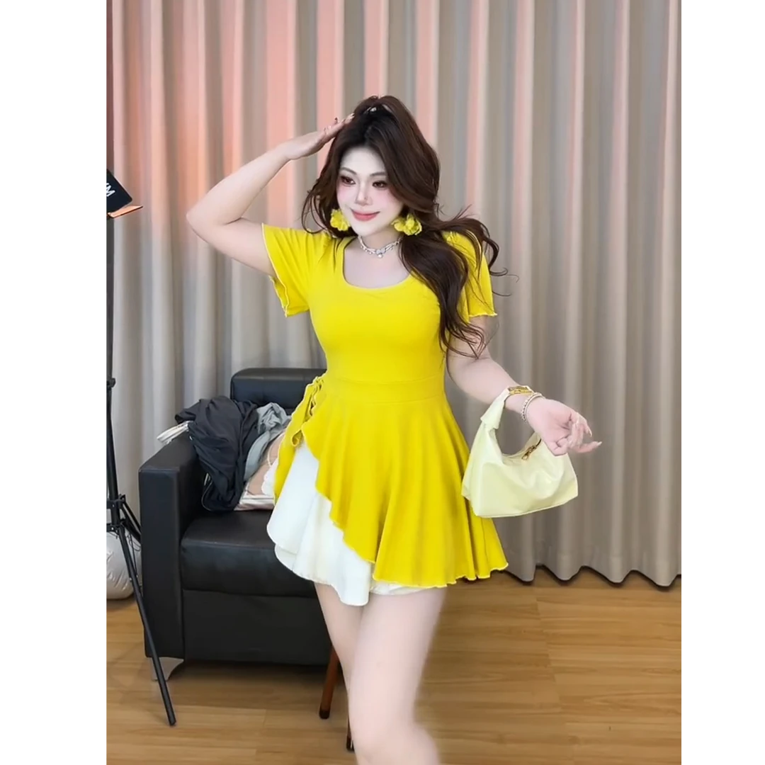 大码微胖mm方领短袖t恤女夏季时尚收腰遮肉显瘦不规则甜美上衣