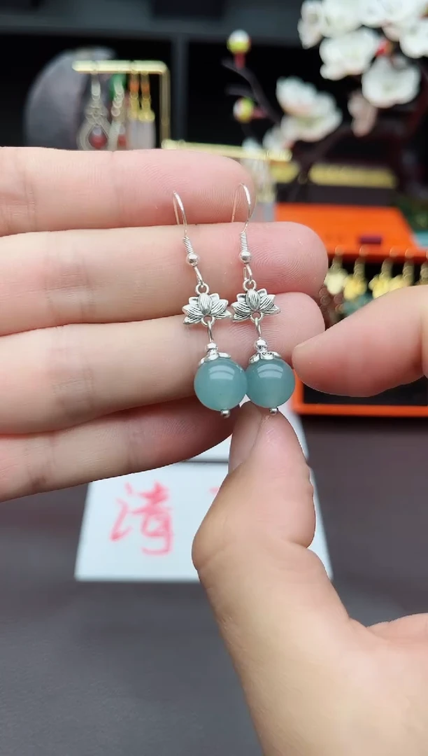 石英质玉（天山翠）银S925镶嵌耳饰237000