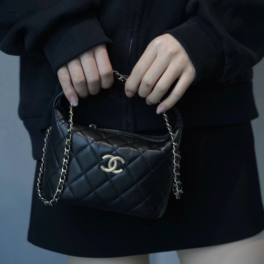 未使用 Chanel/香奈儿 蔚蓝/25A 黑金 荔枝纹牛皮 饭盒包 链条包