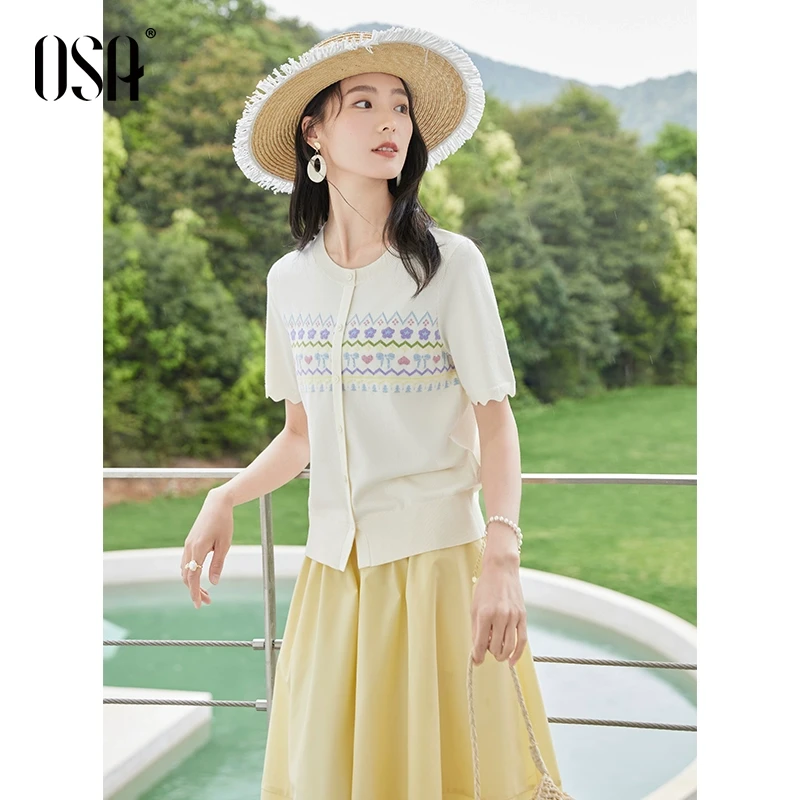 OSA/欧莎清新彩色提花针织衫女时尚减龄套头衫上衣S125B16033