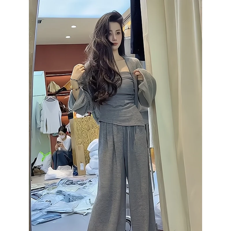 带飘带抹胸宽松开衫外套休闲阔腿裤春穿搭一整套不规则休闲套装女