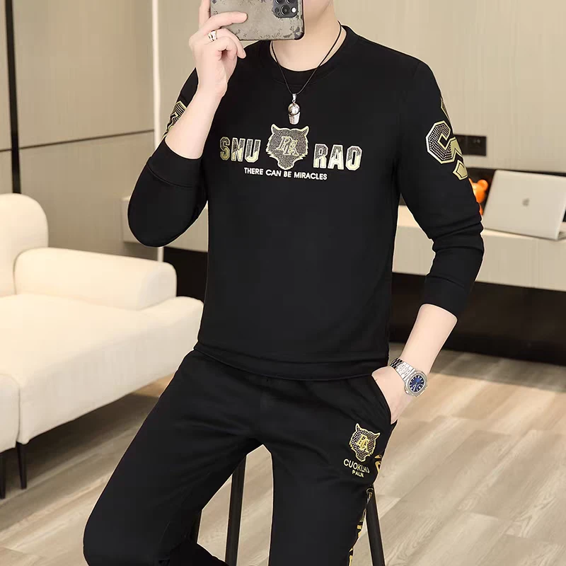 2025春季新款重工虎头长袖休闲美式修身帅气男士裤子卫衣百搭套装