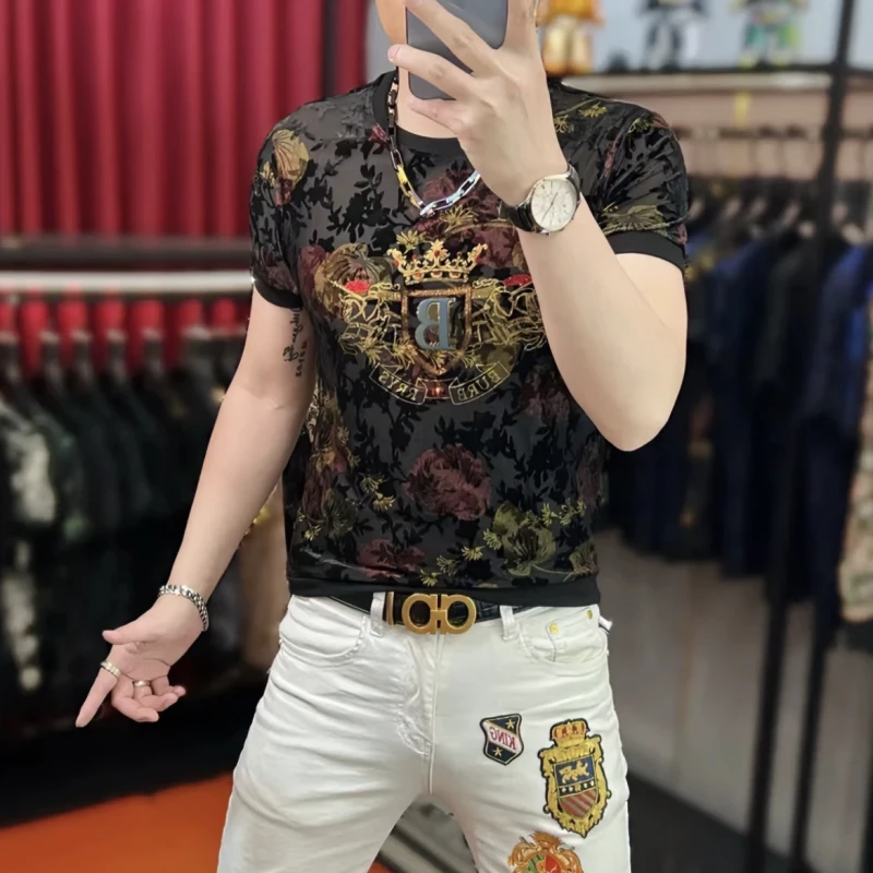 2025夏季男士新款时尚潮流修高品质提花短袖百搭修身圆领冰丝半袖