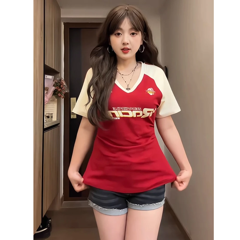 大码微胖mm美式辣妹印花v领短袖t恤女夏时尚显瘦修身收腰潮流上衣