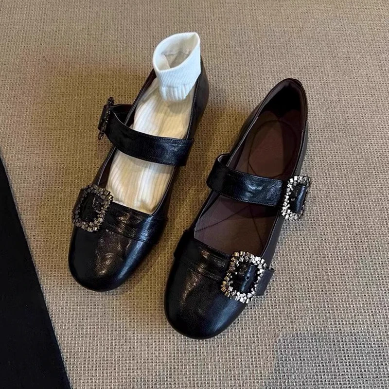 超软圆头方扣一字带复古百搭玛丽珍女鞋2025秋新款浅口平底单鞋女