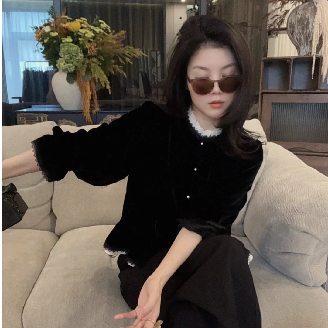 【悦悦专属】秋冬拼接蕾丝荷叶边气质长袖丝绒衬衣Y964