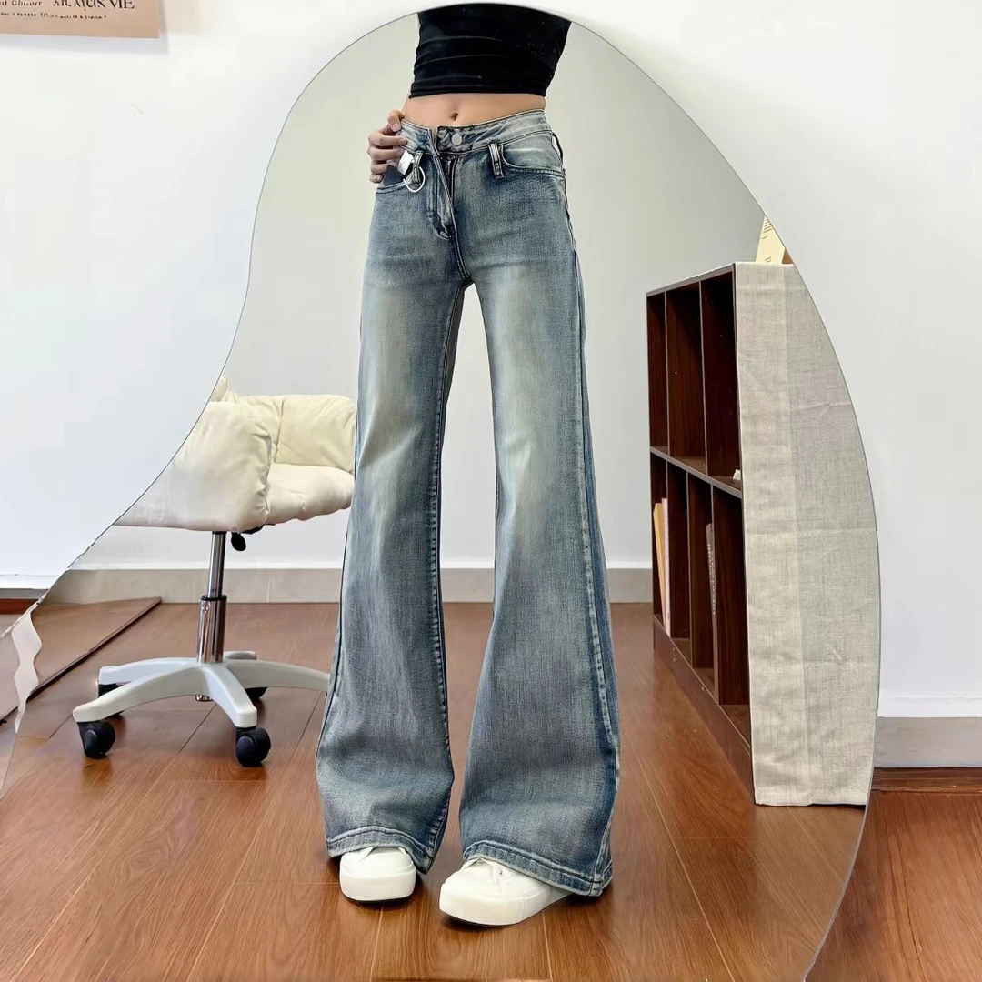 新韩式纯欲慵懒风微喇牛仔裤女百搭不褪色美式复古高腰显瘦微喇裤