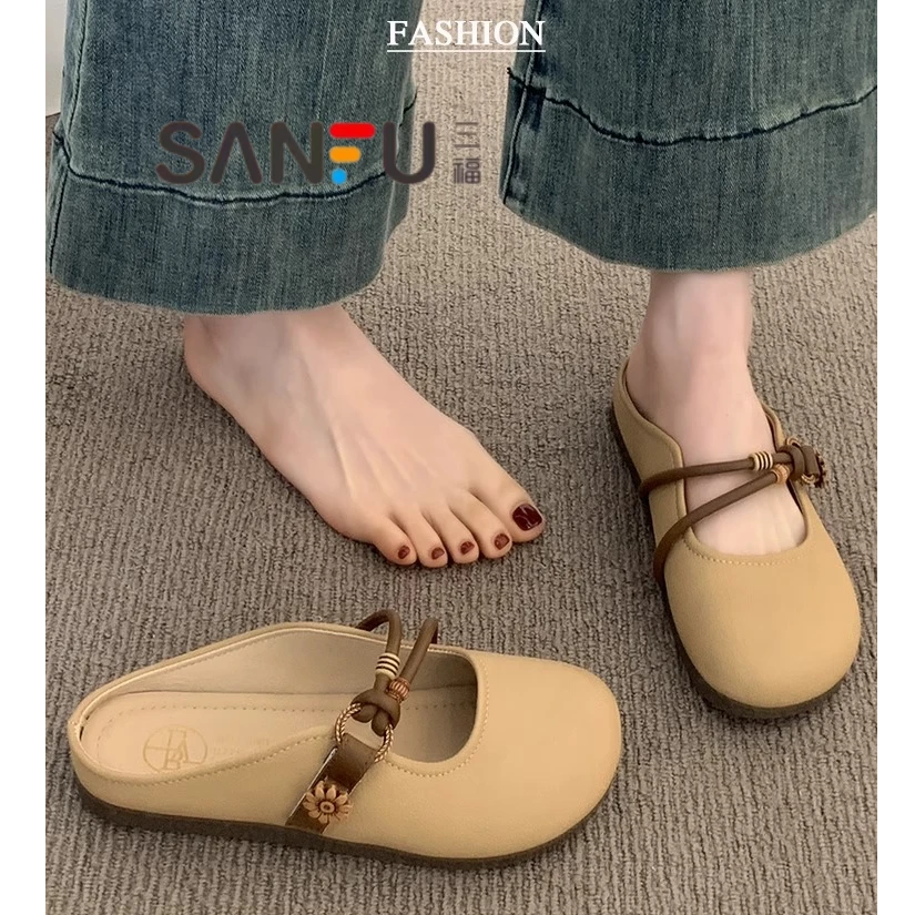 三福包头半拖鞋女夏外穿2025新款平底一脚蹬半托软底法式凉拖鞋