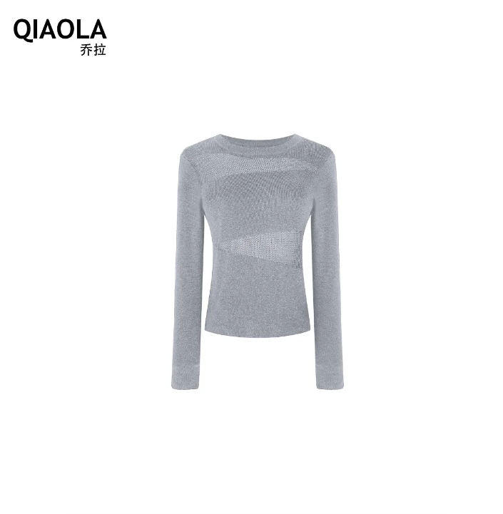 QIAOLA/乔拉【流心可可】秋季PU皮镂空针织压褶收腰打底预售