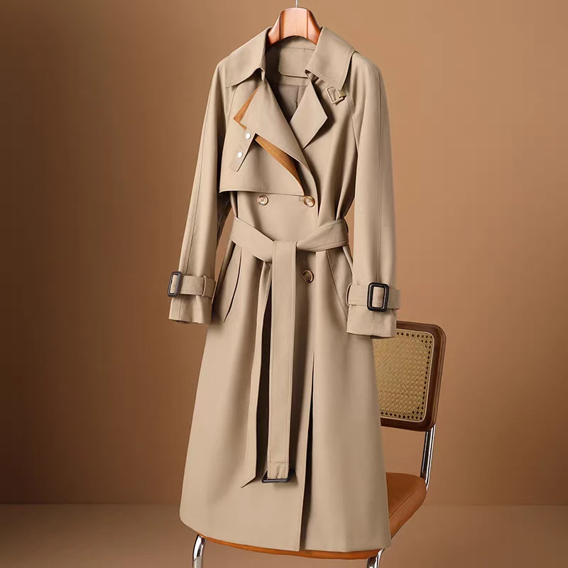 休闲风秋季女法式赫本风拼色风衣收腰款显瘦风中长款（下单非主图）