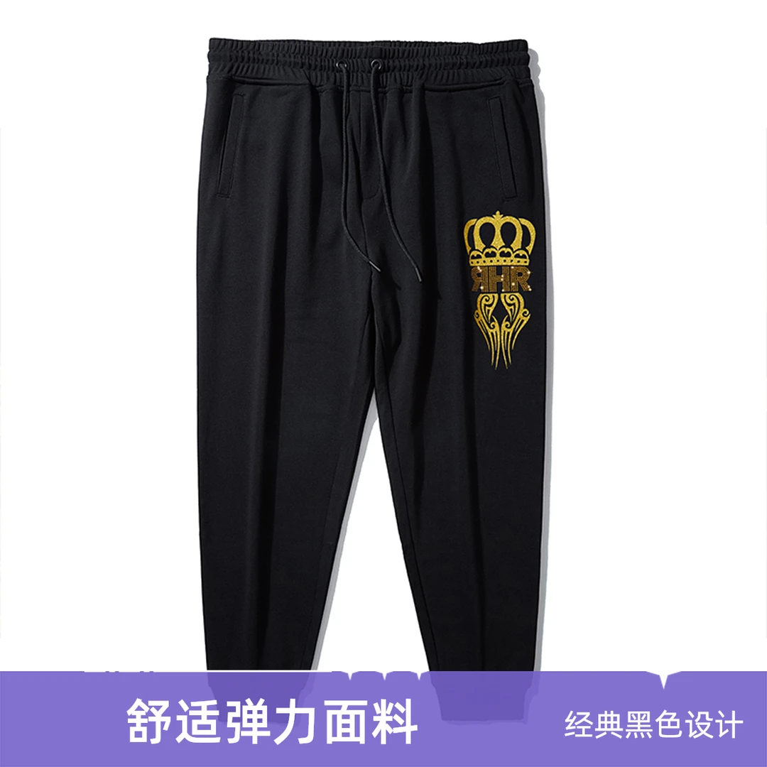 LIUGEJIA/六个加潮牌大码时尚宽松运动透气烫钻皇冠印花卫裤D3775
