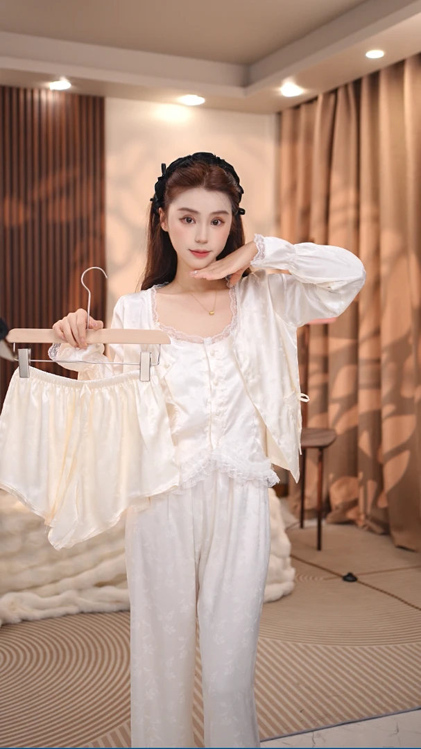 【松间步月】夏季新款女士甜美气质提花带胸垫小众家居服四件套装.