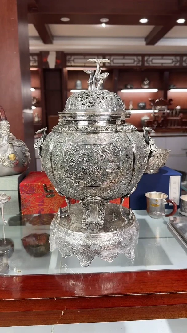 黄*一足银手工精工满錾刻卷草纹灵芝福禄寿喜大香炉