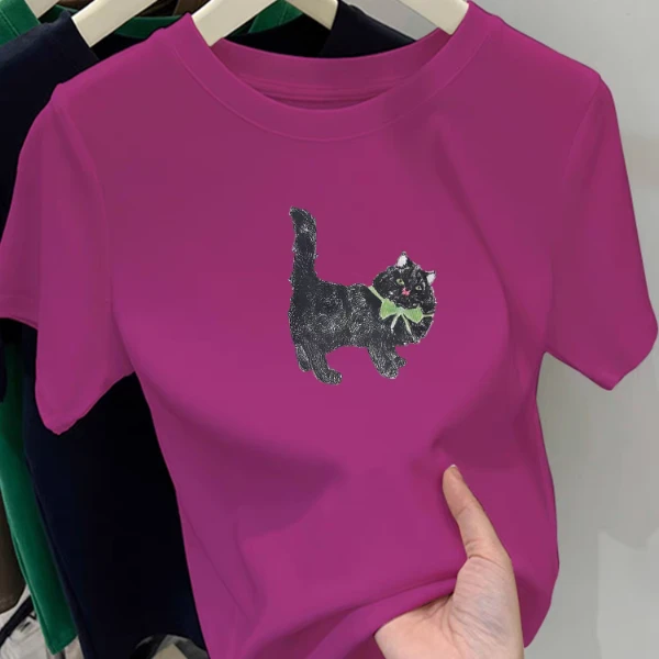 紫色正肩短袖t恤女春夏季2025年新款韩版修身棉卡通内搭上衣打底