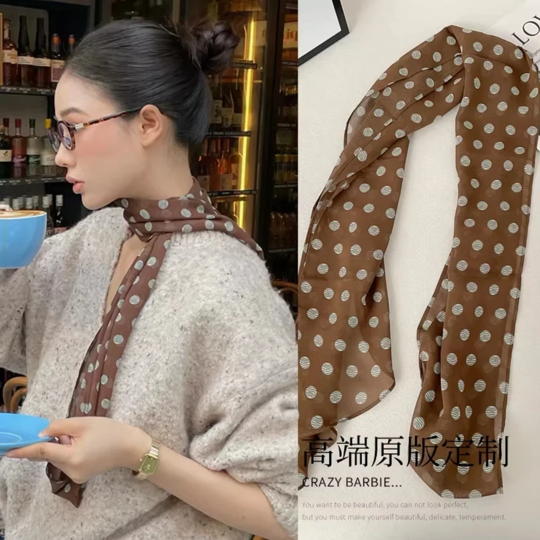 棕色波点丝巾印花高级百搭配饰系脖女2025年新款发带绑发长条围巾