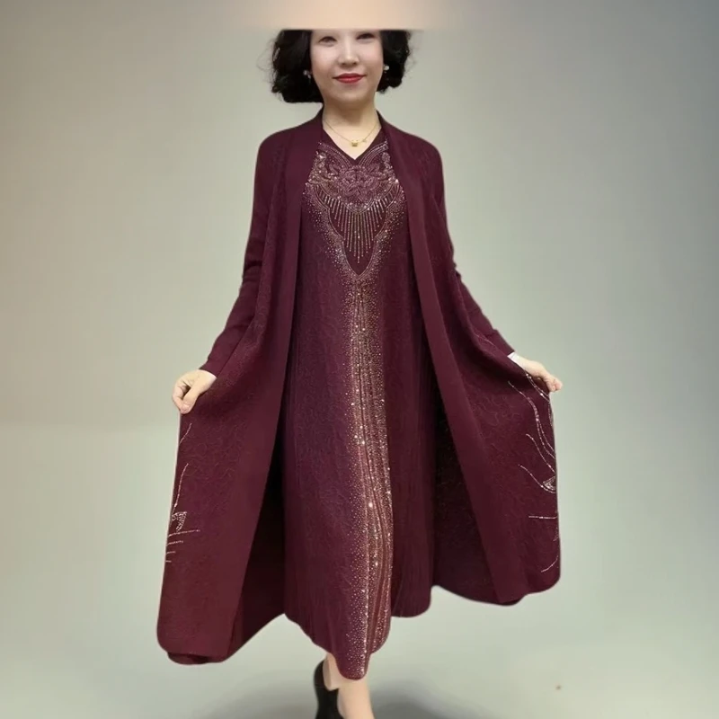 50290冰麻长款v领烫钻两件套外套连衣裙针织重工礼服妈妈时尚开衫