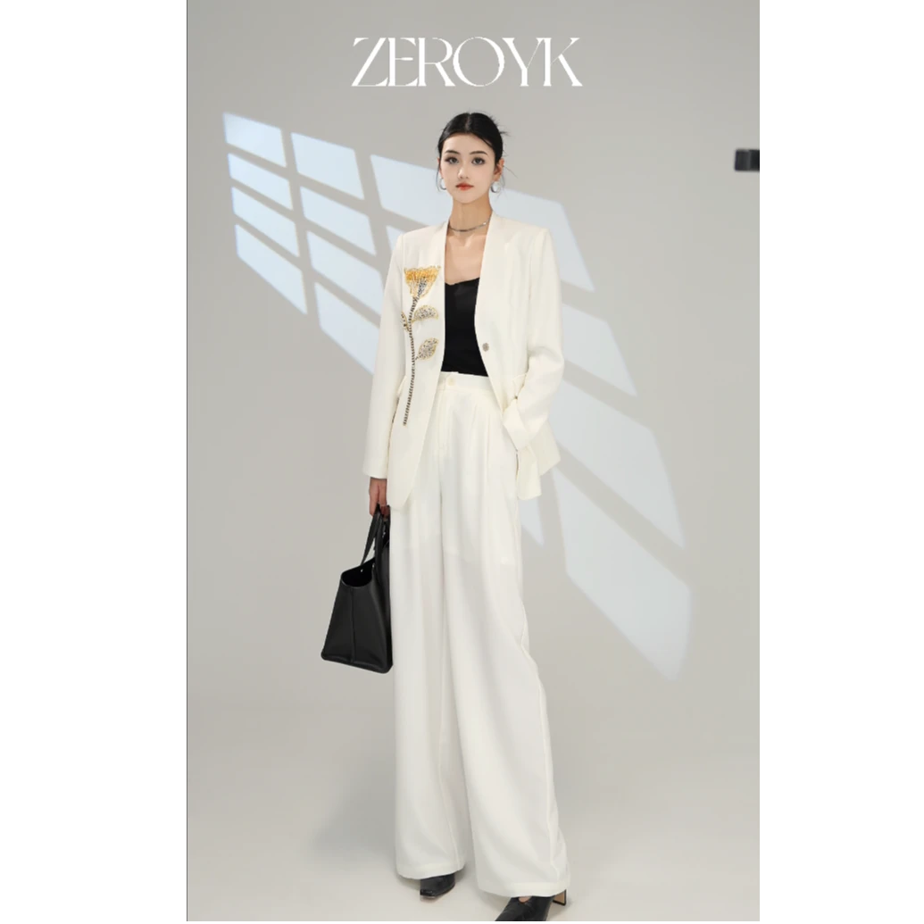ZEROYK深圳南油原创设计手工订珠花西装西裤两件套套装
