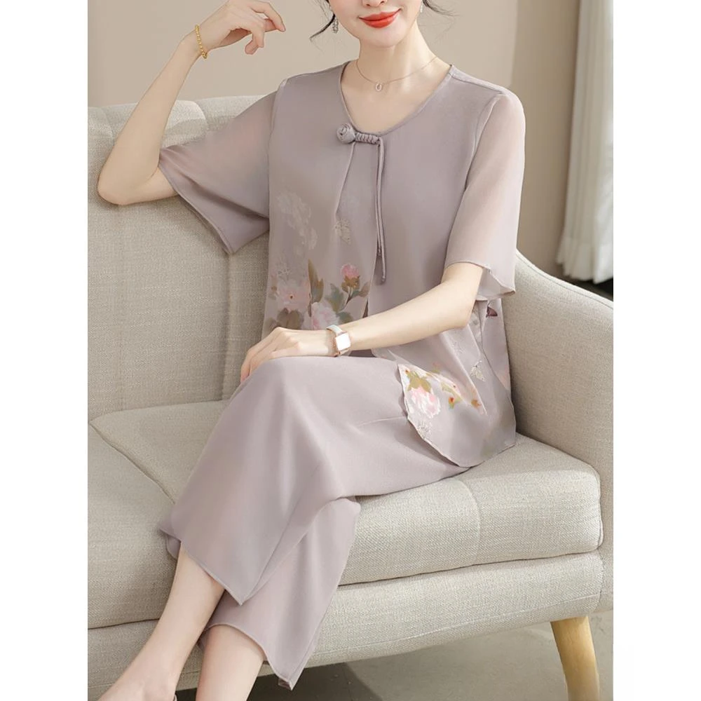 新中式妈妈夏季雪纺套装中老年妇女洋气上衣服中年人夏季短袖T恤