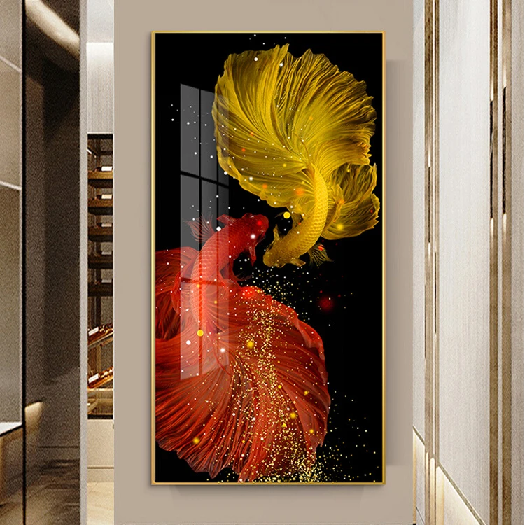 双鱼生财新中式入户玄关装饰画晶瓷画竖版走廊过道挂画正对门壁画