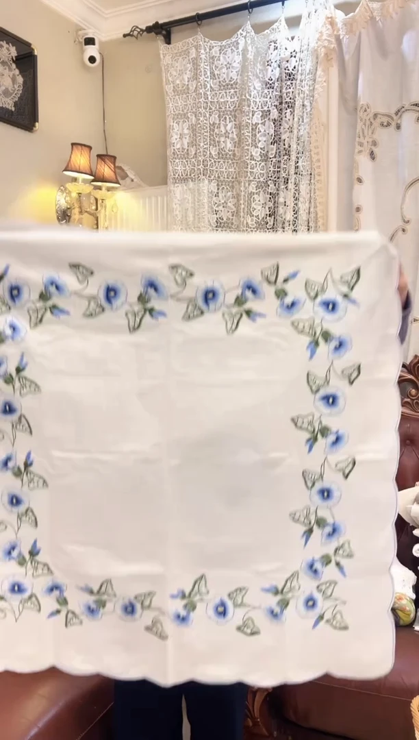 亚麻Z774白色麻质90cm方手工重工彩绣大喇叭花方桌布