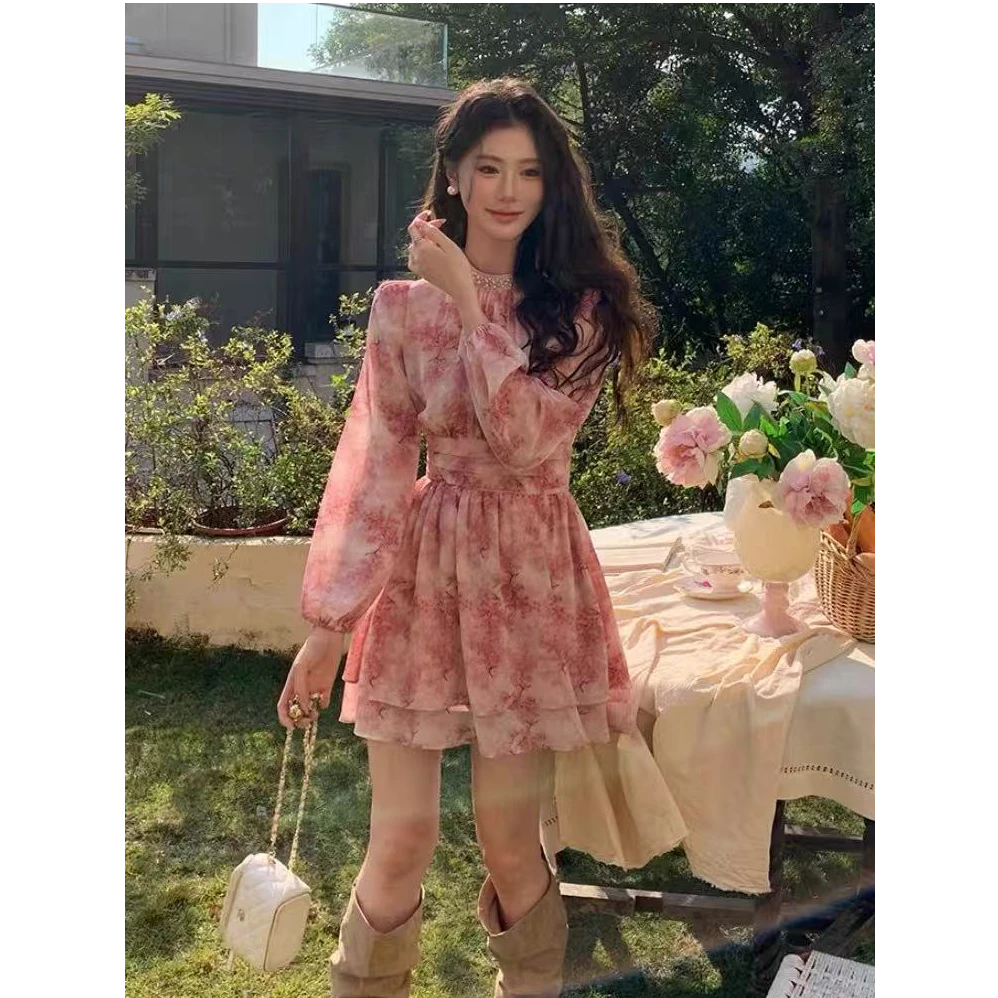 法式名媛甜美洋气少女钉珠碎花雪纺收腰长袖连衣裙粉色小礼服短裙