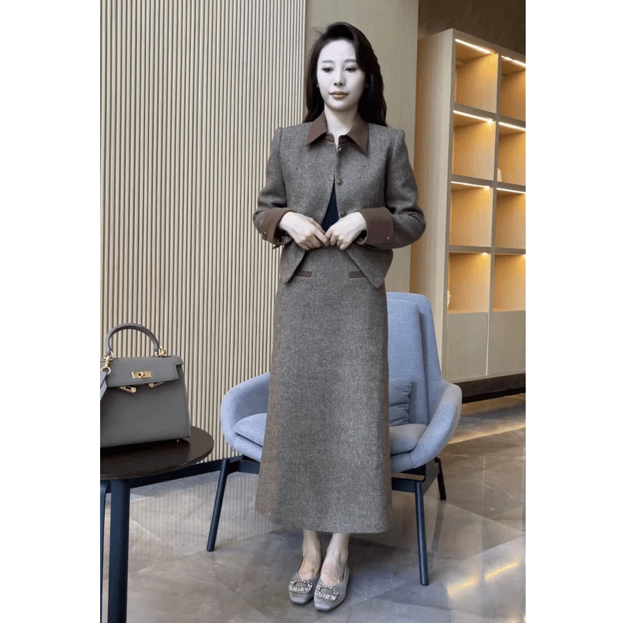 0268高级感洋气小香风套裙女气质拼接外套+半身裙时尚套装