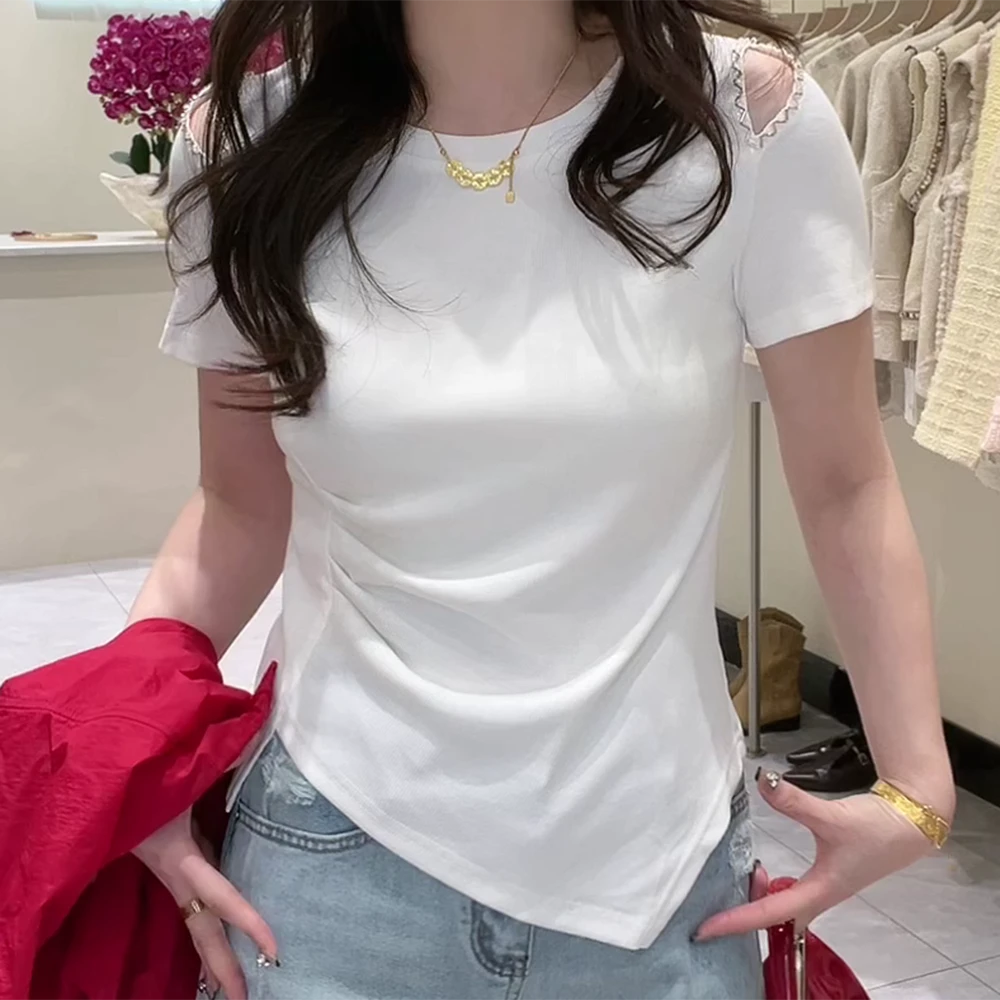 夏季褶皱收腰小众短袖露肩t恤针织衫显瘦上衣百搭圆领设计感