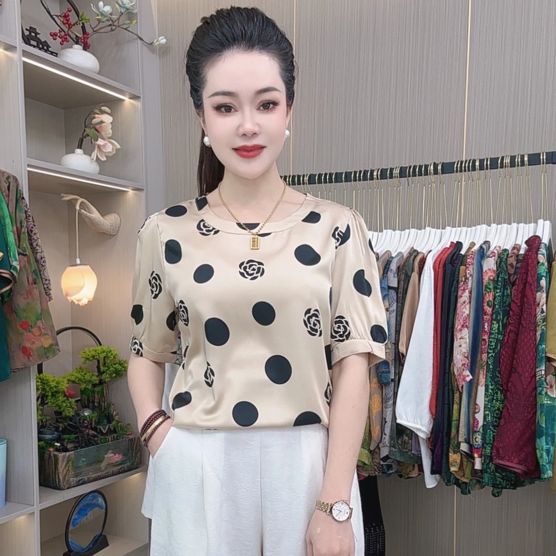 045香槟色【山茶花】夏季宽松短袖高端时尚休闲百搭气质妈妈装T恤