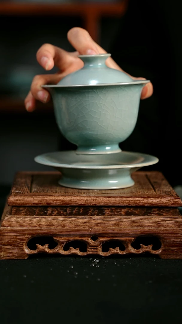 盖碗陶青霁汝窑仿古釉  元宝盖碗微瑕