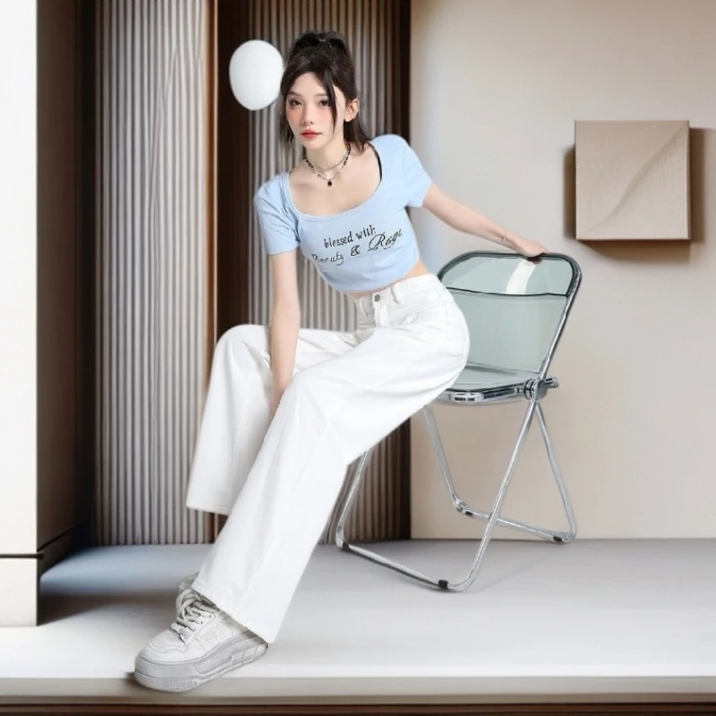 【雅岚女装】时尚洋气显瘦白色高腰阔腿牛仔裤女春夏季新款美式休闲