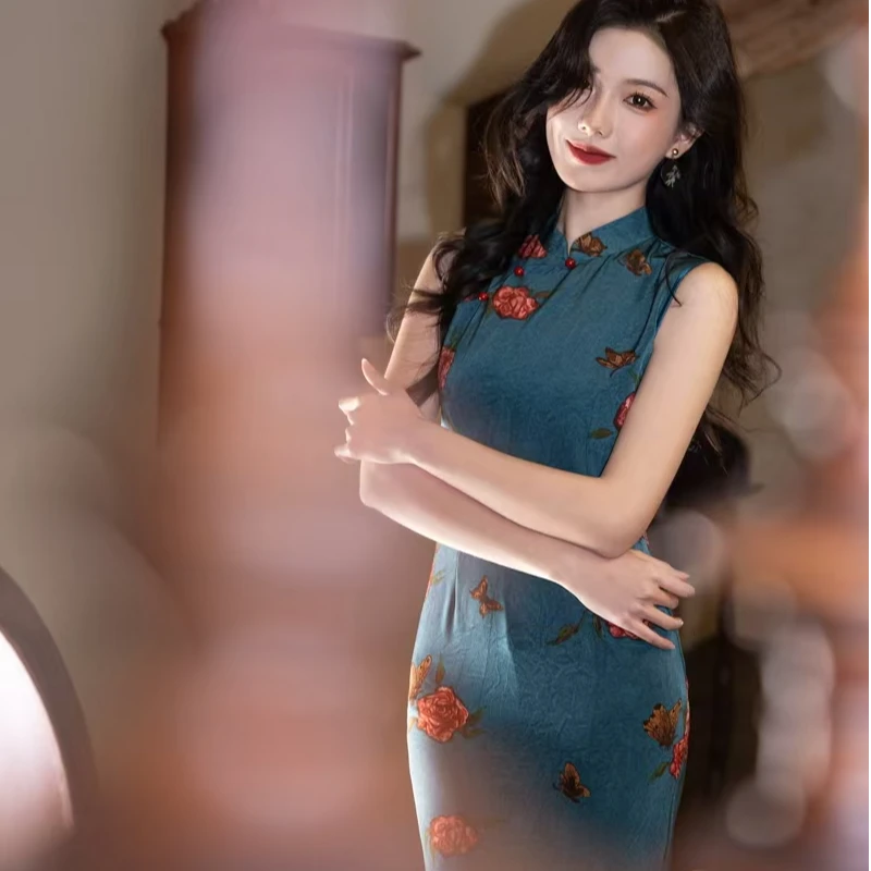 【幽蓝】2025年夏季新款醋酸显瘦气质复古无袖长蓝色款旗袍 裙长120