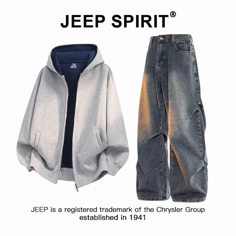 Jeep吉普连帽开衫卫衣套装男士春秋日系复古扎染牛仔裤穿搭一整套