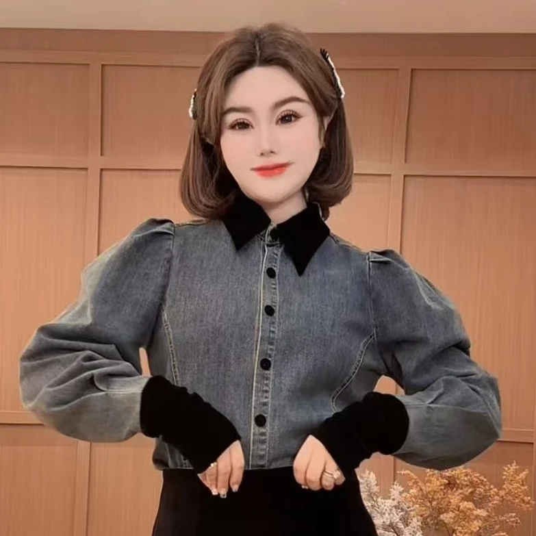 闺蜜精品121018【微凉半盏】拼接牛仔衬衫