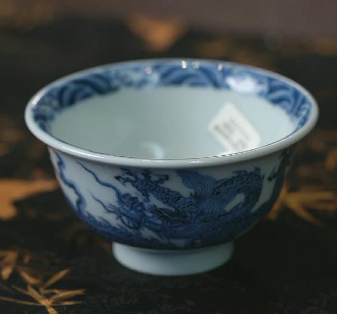 半山慕明青花大霸王龙压手杯景德镇茶具家用饮茶主人杯中式