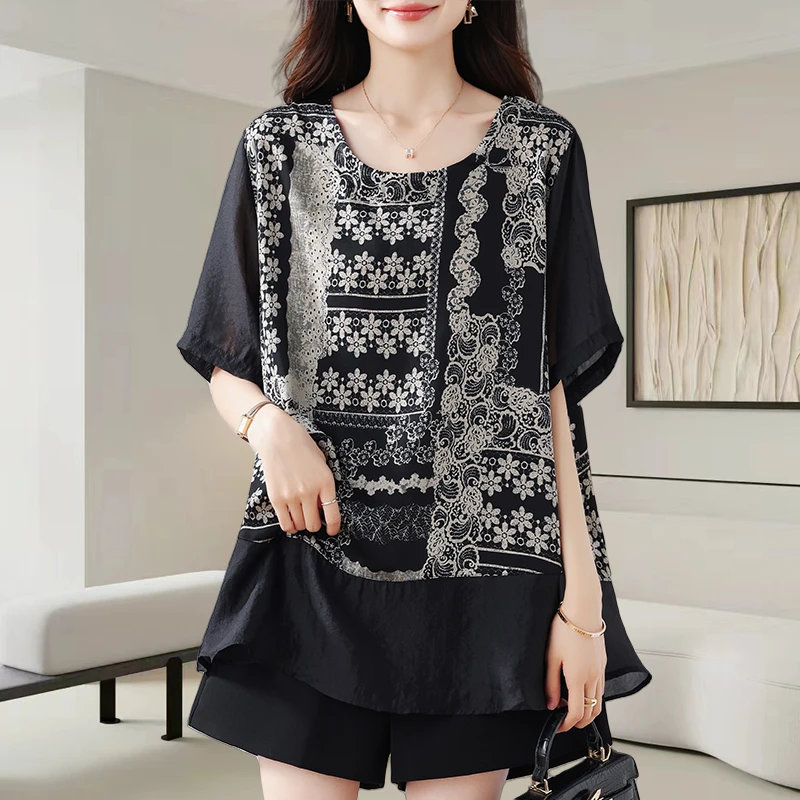 圆领印花拼接短袖t恤女士2025夏季新款时尚减龄宽松遮肚显瘦上衣