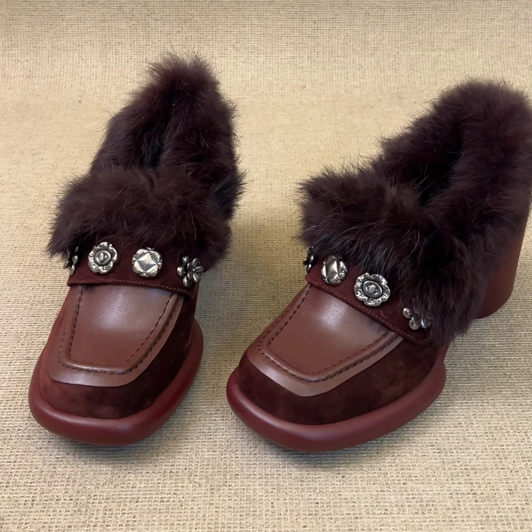 RubyL/7.5cm秋冬保暖时髦通勤时尚舒适一脚蹬圆头粗跟毛毛鞋女款